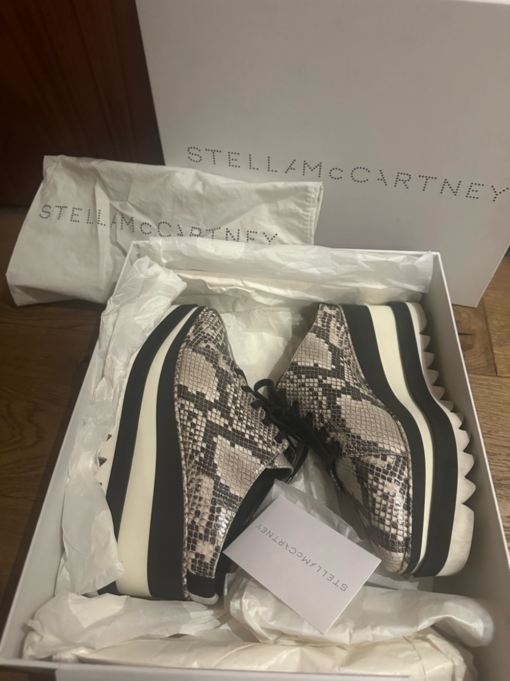 Stella McCartney Black and White Snake-Print Platform Lace-Up Mules